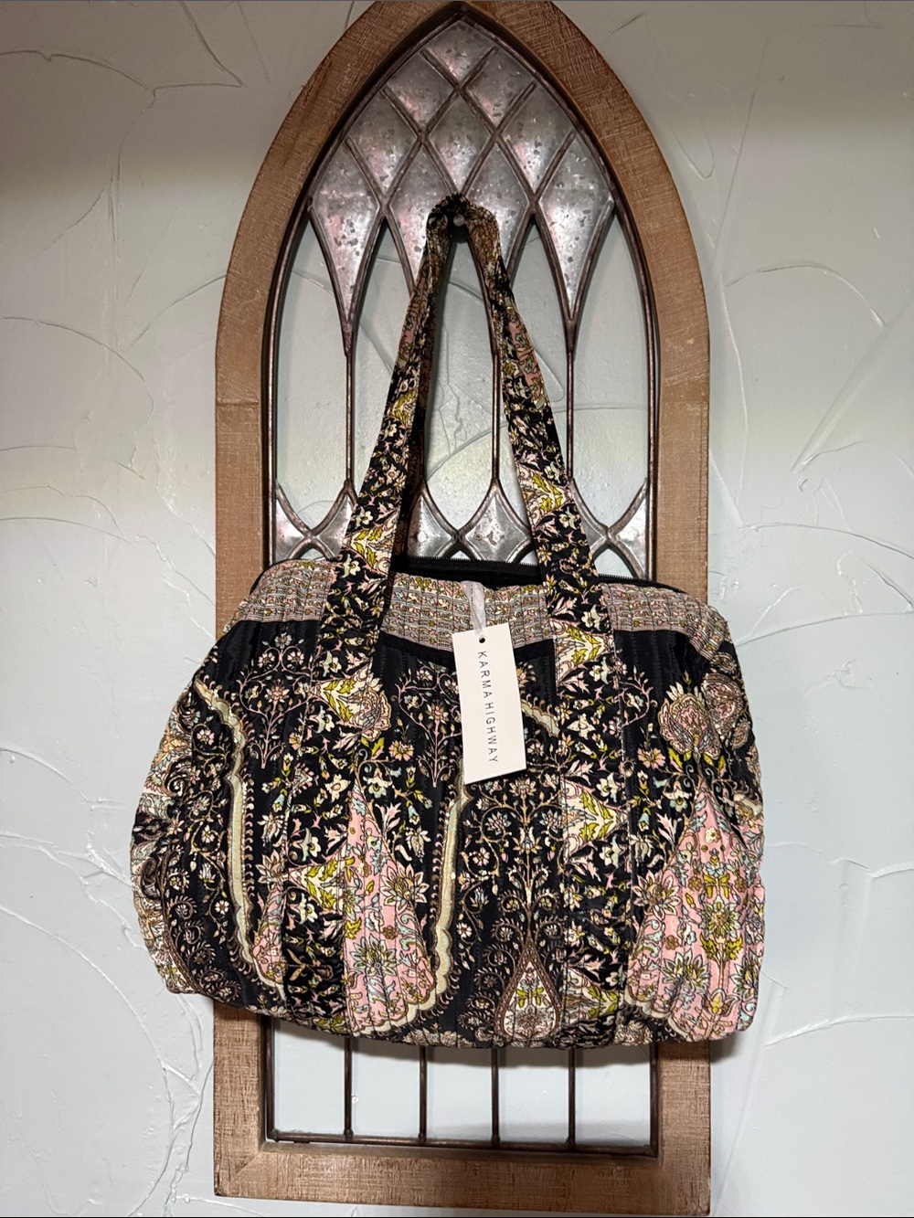 Karma Highway Black Floral Quilted Tote with Pink Accents